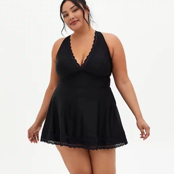 Torrid Black Lace Trim Swim Dress
